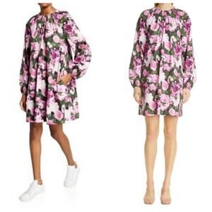 Lela Rose Floral Print Long Sleeves Rosette Shift Dress